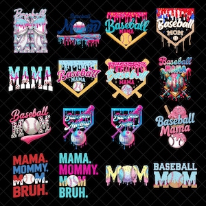 May include: A collection of baseball-themed designs with the words "Baseball Mom," "Mama," and "Mom" in various styles. The designs feature baseballs, bats, and home plate shapes, with dripping paint effects in pink, blue, and red.