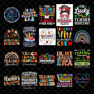 Puede incluir: Una colección de veinte diseños gráficos digitales con tipografía colorida e ilustraciones relacionadas con asistentes de maestros. Los diseños incluyen varias frases, arcoíris, lápices, manzanas y motivos florales sobre un fondo negro.