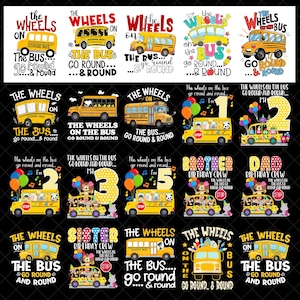 Puede incluir: Una colección de veinte diseños gráficos digitales que presentan autobuses escolares amarillos, globos coloridos y varias tipografías, incluida la frase The Wheels on the Bus Go Round and Round, con algunos diseños que incorporan números y temas de cumpleaños.