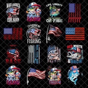 Hooked on Freedom PNG Bundle, 4th of July Bass Fishing Sublimation, Patriotic Fisherman PNG, USA Vintage Shirt Design, American Fish Lover
