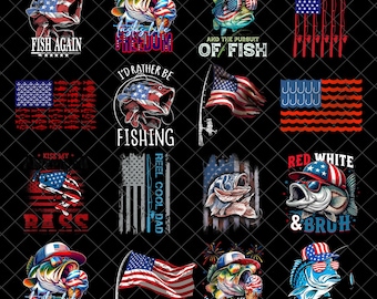 Hooked on Freedom PNG Bundle, 4th of July Bass Fishing Sublimation, Patriotic Fisherman PNG, USA Vintage Shirt Design, American Fish Lover