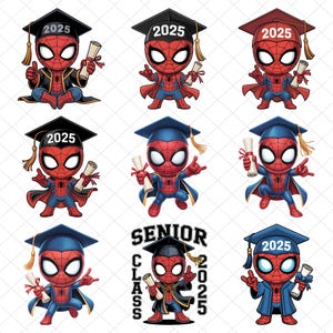 Graduation 2025 Png Bundle, Hero Characters Graduation 2025 Png Bundle,Cute Cartoon Graduation Cap Png, Superhero Graduation,Senior 2025 Png