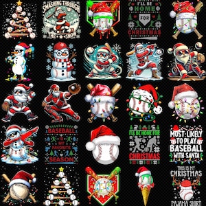May include: A collection of Christmas-themed baseball designs. The images feature baseballs with Santa hats, snowmen, and text like "Smashing Through The Snow" and "I'll Be Home For Christmas".
