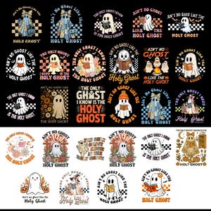 May include: A collection of Halloween-themed graphic designs featuring cartoon ghosts. Each design includes the phrase "Holy Ghost" and other text elements. The designs are in various styles, with checkerboard and floral backgrounds.