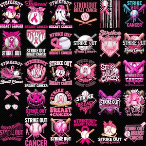 May include: A collection of pink and white baseball-themed graphics with the text "Strike Out Breast Cancer." Designs include baseballs, bats, ribbons, and the breast cancer awareness ribbon. The graphics are set against a black background.