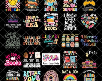 May include: A collection of colorful graphic designs with text related to books and libraries. Designs include phrases like "Booked for the Summer," "Just a Girl Who Loves Books," and "My Job is Books." The images feature various fonts and styles.