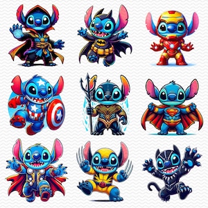 Super Heroes Stitch PNG Bundle, Stitch Super Hero PNG, Stitch Png PNG, Retro Stitch Png, Cartoon Character Shirt Png, Instant download