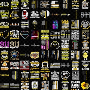 May include: A digital collection of graphic designs featuring 911 dispatcher themes, including text like 'Proud Mom', 'Sleep Deprived', and 'My Heart Belongs to a 911 Dispatcher', with yellow, white, and blue line motifs, headsets, and skeleton illustrations.