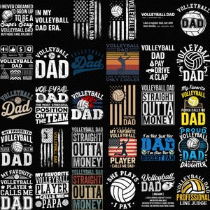 May include: A collection of black t-shirt designs with volleyball-themed graphics and text. Designs include the American flag, volleyballs, and phrases like "Volleyball Dad," "My Favorite Player Calls Me Dad," and "Straight Outta Money."