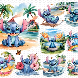 Cute Stitch Beach Png Bundle, Summer Cartoon Character PNG, Tropical Vacation Digital Png, Stitch Rainbow Flowers Surfing Sublimation