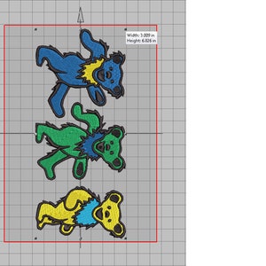 May include: Three embroidered patches of dancing bears. The bears are blue, green, and yellow with a blue, yellow, and red design on their chests. The patches are approximately 3 inches wide and 6.8 inches tall.