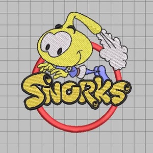 May include: Embroidered design featuring a yellow cartoon character with the word "Snorks" in yellow and black lettering. The character is inside a red circle, with a white cloud-like element.
