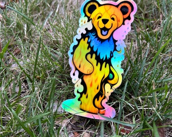 Dancin Bear elektrisch geel / sticker Grateful Dead / Waterdicht / UV-bestendig / Autosticker / 2" x 5" inch HOLO / gestanst / telefoonsticker