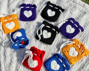 Crochet Heart Pouch | Granny Square Drawstring Pouch | Mini Heart Bag