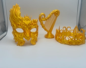 Decoración de estantería Golden Fae Trove: arpa, máscara y corona doradas - Decoración literaria impresa en 3D inspirada en ACOTAR de Dread Trove