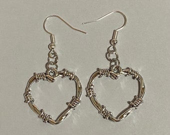 barbed wire heart metal charm earrings