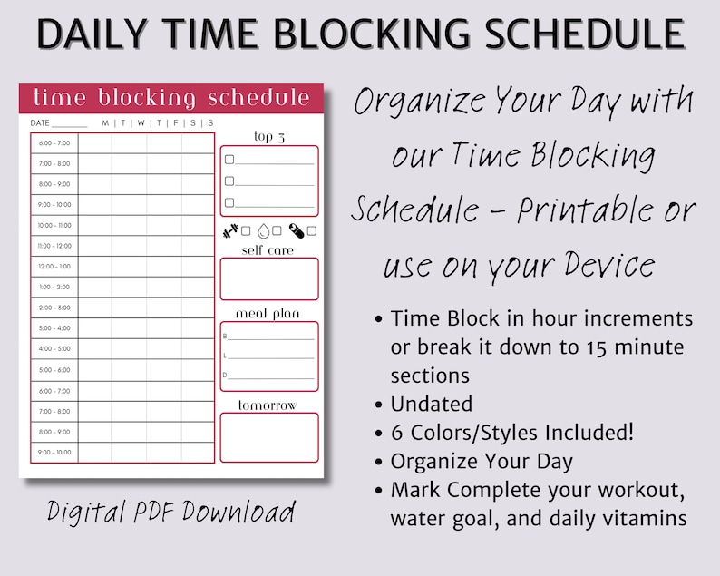 Time Blocking Schedule.pdf Plan Your Day! Simple Hourly Planner. Time Blocking Printable. (digital ...