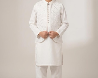 Boys white cotton kurta pyajama with sequence work matching Waistcoat