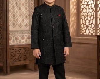 Boys formal black Kurta featuring an embroidered waistcoat with a red pocket square details, paired with matching trousers