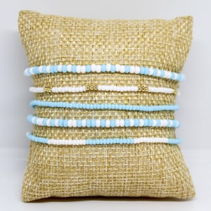 Elegant Stack of Light Blue and White Beaded Bracelets with Hints of Gold - UNC Tar Heels Beaded Bracelets