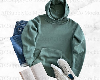 Independent Trading Company, PRM4500, Pigment Dyed Hooded Sweatshirt, Midweight,  Flatlay Alpine Green Mockup, Sleeve