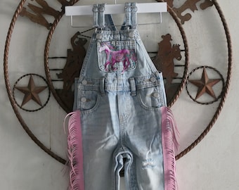 May include: Light blue denim overalls with pink fringe trim and a pink horse applique. The overalls are hanging on a metal welcome sign.