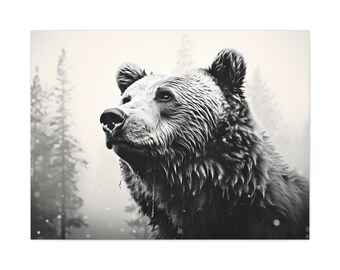 California Grizzly Bear Black & White Portrait | Canvas Print | Includes Frame