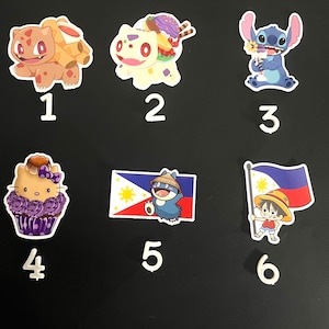 May include: A collection of six colorful cartoon character stickers. The stickers include a Bulbasaur, a Pokemon character with a dessert, Stitch from Lilo & Stitch, Hello Kitty as a cupcake, a Pokemon character with a Philippine flag, and a character with a Philippine flag.