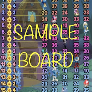 May include: A Smurfs themed bingo card with a blue background and yellow flowers. The card has the letters B, I, N, G, and O at the top. The numbers 30, 32, 34, 31, 37, 39, 36, 38, 20, 22, 24, 23, 34, 30, 33, 32, 12, 13, 10, 37, 35, 38, 32, 34, 35, 38, 32, 33, 34, 30, 26, 37, 12, 14, 11, 10, 30, 31, 32, 33, 23, 26, 20, 24, 36, 38, 39, 35 are on the card. The text "The Smurfs" is at the top of the card. The text "Etsy: Hottmama" is at the bottom of the card. The text "40 in every row" is at the bottom of the card.