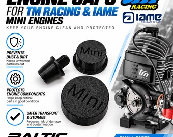 May include: Black plastic engine caps for TM Racing and IAME mini engines, featuring the word Mini embossed on the top. The set includes two circular caps and one cylindrical plug, designed to keep engine components clean and protected during transport.