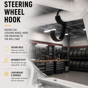 May include: A black Baltic Motorsport Solutions steering wheel hook designed for mounting to roll cage tubing. The hook is compatible with standard roll cage tubing diameters of 38 to 45 mm. The text on the image includes the brand name and product details.