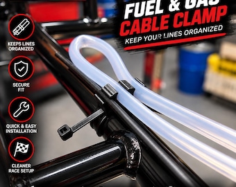 May include: A black plastic fuel and gas cable clamp attached to a black metal frame, securing two translucent flexible tubes. The text reads BALTIC MOTORSPORT SOLUTIONS, FUEL & GAS CABLE CLAMP, and KEEP YOUR LINES ORGANIZED, with icons for installation.