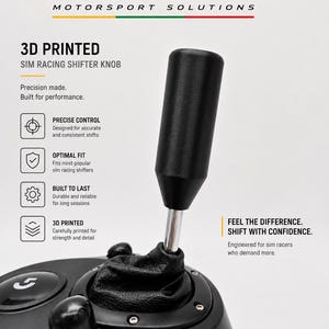 May include: A black 3D printed sim racing shifter knob attached to a black base with a leather-like boot. The text reads BALTIC MOTORSPORT SOLUTIONS, 3D PRINTED SIM RACING SHIFTER KNOB, PRECISE CONTROL, OPTIMAL FIT, BUILT TO LAST, and FEEL THE DIFFERENCE.