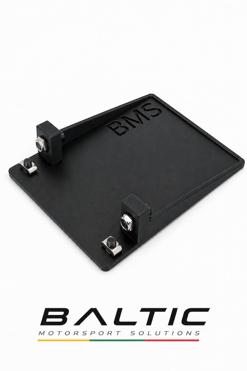 May include: A rectangular black metal mounting plate featuring the embossed text BMS. The plate includes two raised black brackets, each secured with a silver-colored metal bolt and nut, along with two additional silver-colored metal fasteners on the base.