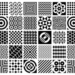 Könnte beinhalten: Eine Sammlung von 48 geometrischen Mustern in Schwarzweiß. Die Muster sind in einem Raster von 6 Reihen und 8 Spalten angeordnet. Jedes Muster ist ein anderes Design, wie Punkte, Streifen, Wellen und Quadrate.