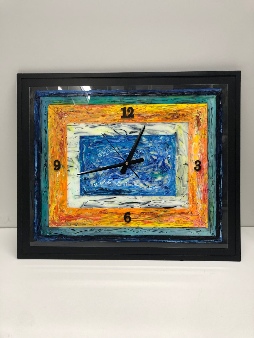 Contemporary Art Clock. Oil Painting on Acrylic Glass, Quartz Movement