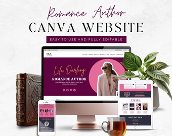 Modello di sito web Canva per autori / Autore di temi di sito web / Romanzo fantasy / Romanzo oscuro / Modello di sito web di scrittore rosa / LILA14