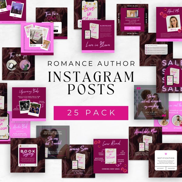 Romance Author Canva Template | 25 Instagram Posts For Romance Writers | Author Branding | Book Marketing | Pink IG Book Posts | LILY01