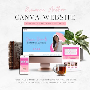 May include: A Canva website template designed for romance authors. The template features a pink and white color scheme with a photo of a woman and the text "Dream Daniels Romance Author".