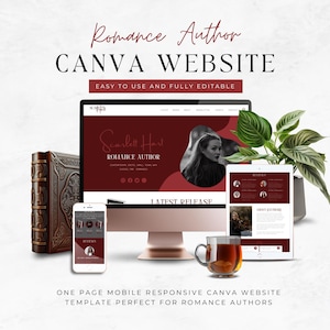 Peut inclure: Modèle de site Web Canva conçu pour les auteurs de romans. Le modèle présente un schéma de couleurs rouge et blanc avec une photo d'une femme et le texte "Scarlett Hart Romance Author".