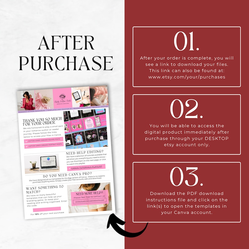 May include: A graphic with three numbered steps for after purchase. Step one: After your order is complete, you will see a link to download your files. This link can also be found at: www.etsy.com/your/purchases. Step two: You will be able to access the digital product immediately after purchase through your DESKTOP etsy account only. Step three: Download the PDF download instructions file and click on the link(s) to open the templates in your Canva account.