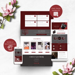 May include: A website mockup for an author featuring a red and gray color scheme. The website includes sections for books, reviews, about the author, events, and a contact form. The website is mobile responsive.