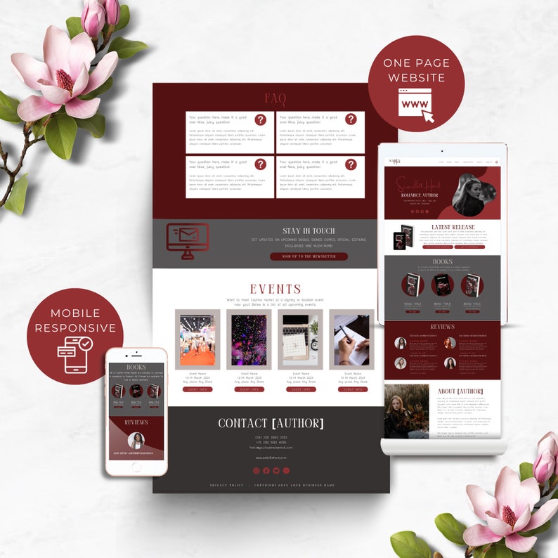 May include: A website mockup for an author featuring a red and gray color scheme. The website includes sections for books, reviews, about the author, events, and a contact form. The website is mobile responsive.