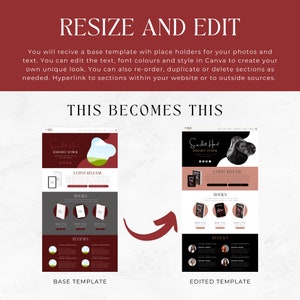 May include: A before and after image showing how to resize and edit a website template. The base template is red and gray with a green hill illustration. The edited template is black with a pink and white illustration. Both templates feature the text "Scarlett Hart Romance Author" and "Latest Release".