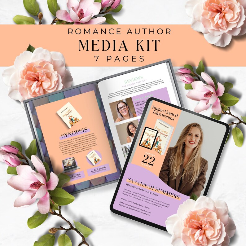 May include: A pink and white media kit for a romance author named Savannah Summers. The cover features a pink and white floral design and the title "Romance Author Media Kit 7 Pages". The kit includes a synopsis of the author's book, "Sugar-Coated Daydreams", and reviews from readers. The author's website and email address are also included.