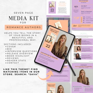 May include: A seven-page media kit for romance authors, featuring a purple and pink color scheme. The kit includes sections for a cover, bio, interview questions, release overview, book highlight, reviews, reader stats, and contact information. The kit also includes a quote: "Helps you tell the story of your books in a beautiful and professional way."