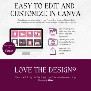 May include: A pink and white graphic design template for social media posts. The template is editable in Canva and features the text "EASY TO EDIT AND CUSTOMIZE IN CANVA". The template is also available in an Etsy store.