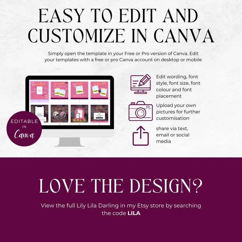 May include: A pink and white graphic design template for social media posts. The template is editable in Canva and features the text "EASY TO EDIT AND CUSTOMIZE IN CANVA". The template is also available in an Etsy store.