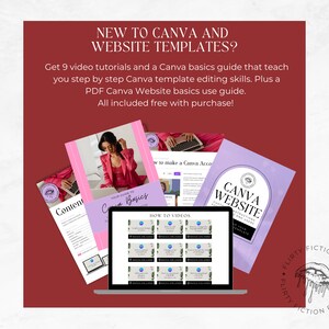 May include: A laptop computer displaying a Canva website template design course. The course includes nine video tutorials, a Canva basics guide, and a PDF Canva website basics guide. The image also includes a woman in a pink blazer sitting in front of a laptop.