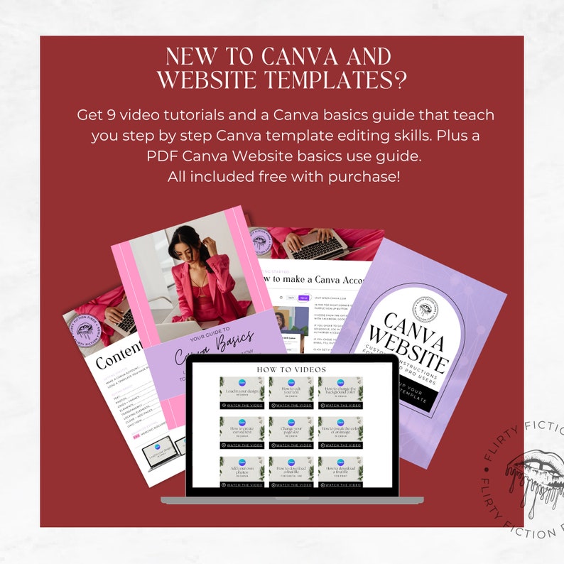 May include: A laptop computer displaying a Canva website template design course. The course includes nine video tutorials, a Canva basics guide, and a PDF Canva website basics guide. The image also includes a woman in a pink blazer sitting in front of a laptop.